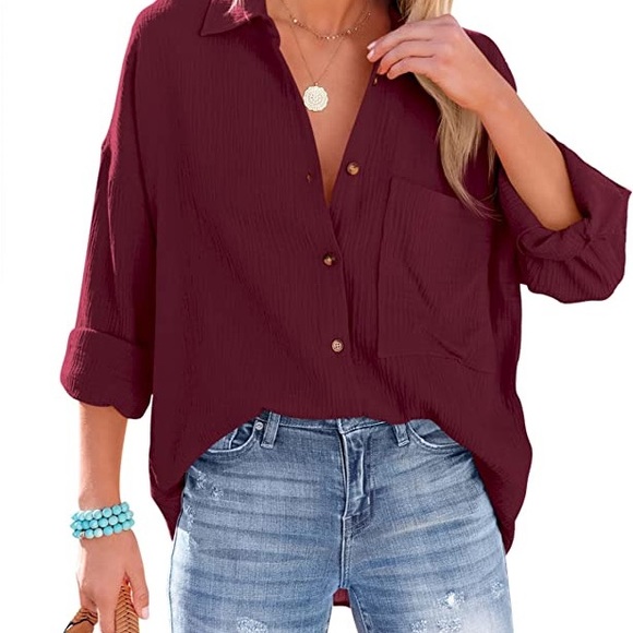 NWT Women’s Whine Red AISEW Button Down Casual V-Neck Longsleeve Collared Blouse - Picture 1 of 8